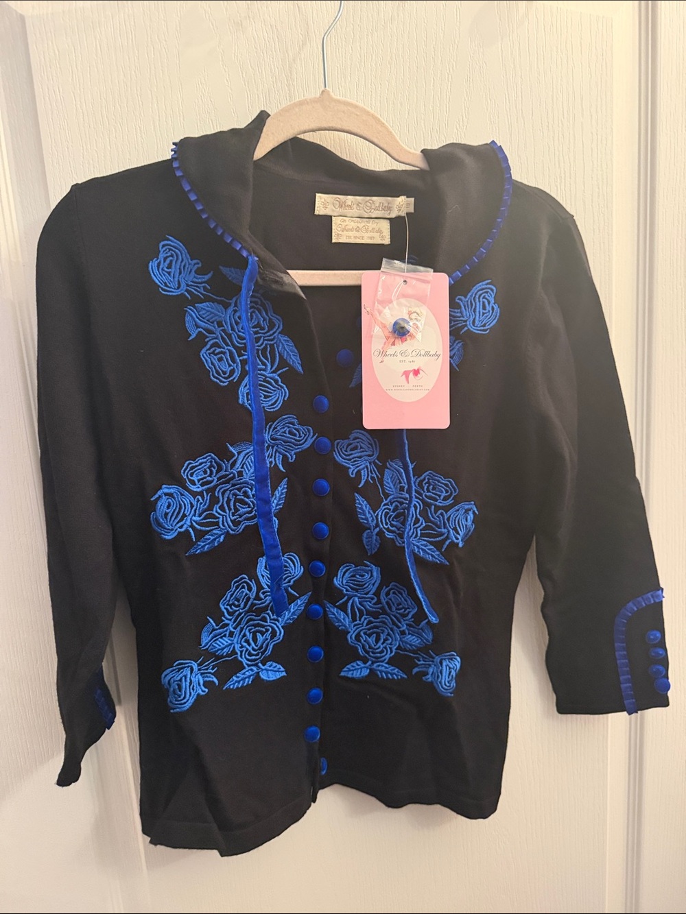 Black Cardigan with Blue Rose Embroidery NEW WITH TAGS AND BOX